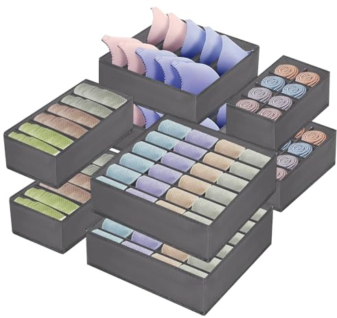 Mezzar Set di 8 Organizer Armadio Cassetti Intimo, Organizer per Biancheria Intima in Tessuto Non Tessuto, Pieghevole Organizzatore Divisori da Cassetti per Reggiseni Calze Cravatte Grigio