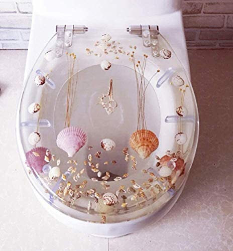 WC-Sitzdeckelbezug, WC-Deckelbezug, langsam schließender WC-Sitzbezug aus Kunstharz, Kunst-3D-Effekte, robuster WC-Deckel mit echten Blumen, Muscheln und Sand für U/V/O-Typ – Top-Fix-Beschl