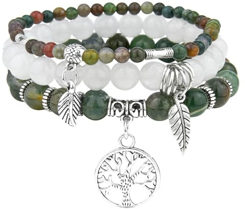 JUZICHEN 3 stycken boho armband set kvinnor kvinnor, yoga armband 17–24 cm, natursten armband med livets trädhänge, sommar färgglada armband för kvinnor, 17-24 cm, Rostfritt stål, Rostfritt stål