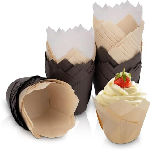 150 Piezas Vasos de Papel para Magdalenas Tulipán, Vasos de Papel Hornear de Tulipán, Decuados para el Hogar, Boda, Evento, Fiestas Infantiles (Blanco, Marrón, Color Piel de Vaca)