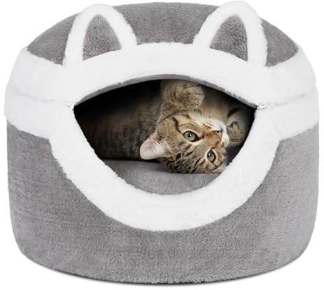Ownpets 3-in-1 Katzenbett Höhle - Abnehmbares Schlafkissen für Indoor, Winter, Warm - Mit Weichem Kaninchenhaar für Katzen Bis 7.7kg, Grau