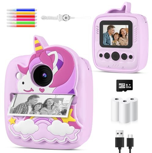 Kids Camera Instant Print, 48MP & 1080P HD Kids Digital Camera with 32GB SD Card, 3 Rolls Paper & Unicorn Silicone Cover, Birthday Presents for 3 4 5 6 7 8 9 Year Old Boys Girls