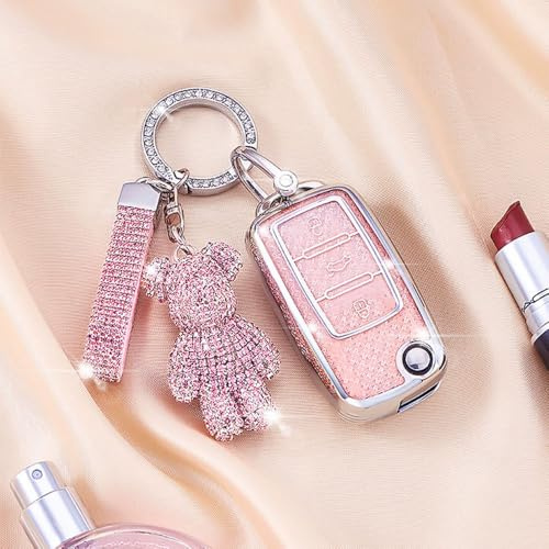 Autoschlüssel Hülle kompatibel mit VW Volkswagen Zinklegierung Autoschlüssel Schutzhülle für Tiguan Passat Golf 4 5 6 Polo Beetle Jetta Touran EOS Scirocco mit Schlüsselanhänger (Glitzerndes Rosa)