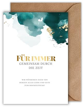 Jahrestag Hochzeit Karte mit Umschlag - Geschenkkarte zum Jahrestag Für immer gemeinsam durch die Zeit Hochzeitstag Grün Aquarell Gold Partnerschaft Ehe Beziehung Glückwunsch (DIN A6)
