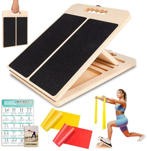 Wooden Slant Board for Calf Stretching, Portable Adjustable Calf Stretch Board with Training Poster & Resistance Bands, 300lb Weight Capacity Calf Ankle Achilles Physical Therapy Leg Exercisers