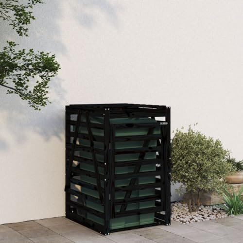 Cubo de basura con ruedas, color negro, 84 x 90 x 128,5 cm, madera maciza de pino