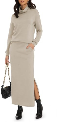 Casly Lamiit Womens Two Piece Skirt Set Winter Lounge Turtleneck Tops Pocket Long Skirts Travel Outfits Dressy Casual Knit Clothes Dark Beige S