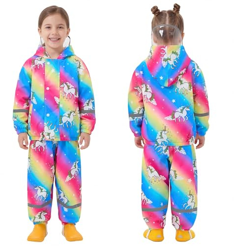 FILOWA Tuta Impermeabile Bambina con Cappuccio Traspirante Antipioggia Giacca & Pantaloni Impermeabili con Strisce Riflettenti Tuta Pioggia Completo Waterproof Abbigliamento Ragazza Ragazzi 6-7 anni
