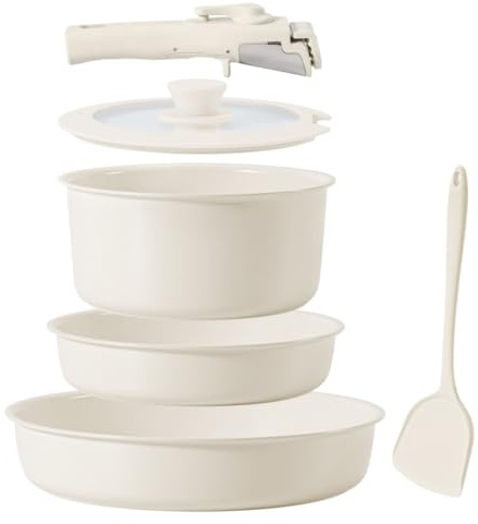 MsMk 6 Teiliges Kochgeschirr Set Antihaft Keramik Weiß Pfannen 24 28 cm und Kasserolle 20 cm Abnehmbarer Griff Glasdeckel Spatel Ofen Und Spülmaschinenfest