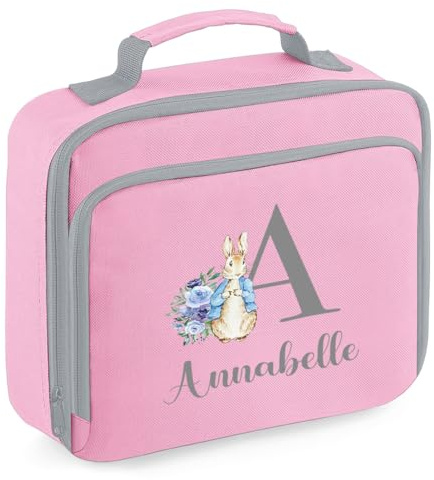 Personalised Lunch Bag for Kids Bunny Girls Boys Nursery Lunch Box Snack Insulated Toddler Custom Name School Bag Pink Lunch Bag Grey Design