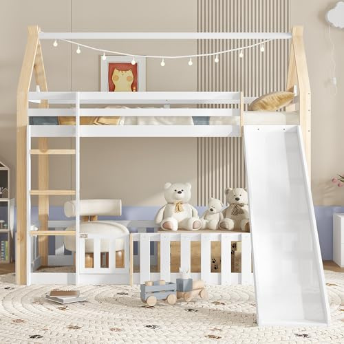 Arhatreya Letto a castello 90 x 200 cm, lettino con scivolo, letto a castello con spazio libero con recinzione, letto in legno con doghe e scala, letto per bambini camera da letto (senza materasso