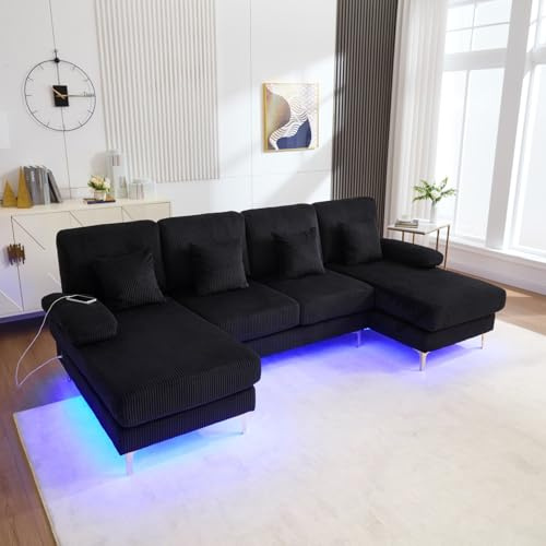 PUGSDRLY Canapé d'angle 4 Places en U avec LED Réglable,Ports USB-C,4 Coussin Confortable,2 Méridienne,Canapé d'angle,Meubles de Salon pour Salon,Bureau (Noir)