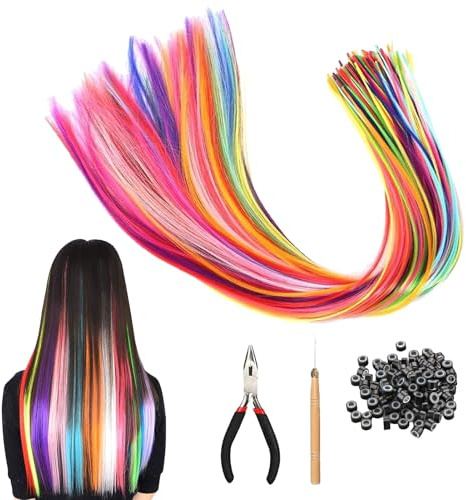 50 ciocche di capelli colorate da agganciare, ciocche di capelli da intrecciare, set di extension colorate, per intrecciare, con 150 perline