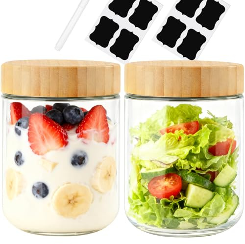 Otauoaea 2 Piezas Tarros de Cristal con Tapa, 470ml Vasos Yogurtera con Tapa, Mason Jar Botes de Cristal Hermetico Overnight Oats Jar para Yogur, Mermelada, Especias, Cereales, Pudín