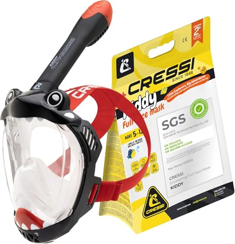 Cressi Kiddy Kids Full Face Mask - CO2-Sichere Schnorchelmaske für Kinder - Beschlagfrei mit Auslassventil & Dry Schnorchel - Schwarz/Transparent/Rot
