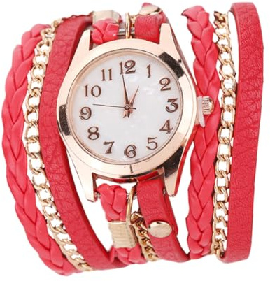 Yardwe Damenarmbanduhr mit Pu Lederarmband, Geflochtenem Wickelarmband | Rot, Edelstahl und Legierung, Glasabdeckung, Leichtes Design für Hochzeit und Verschiedene Anlässe