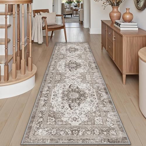 DEXI Löpare Matta för Hall 60 x 180 cm, halkfria långa vintage löparmatta tvättbara, absorberande tunna hallmatta för kök, tvätt, säng, brun