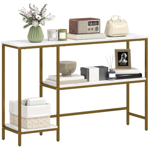 HOMCOM Console Meuble 120 cm, Console Entrée, 3 Niveaux, Blanc Doré | Étagères de Rangement, Plateaux Imitation Marbre, Cadre en Métal, Salon, Couloir