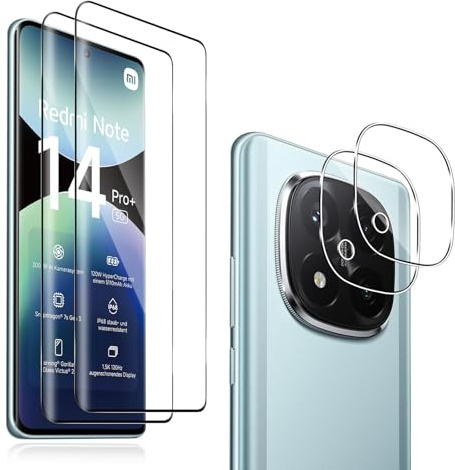QULLOO Protector de Pantalla para Xiaomi Redmi Note 14 Pro Plus, 2 Piezas Cristal Vidrio Templado y 2 Piezas Protector Lente Cámara, [Dureza 9H] HD Anti-Arañazos Película Protectora, Fácil instalación