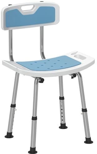 HOMCOM Silla Ducha Personas Mayores con Respaldo, Silla de Ducha Antideslizante con Altura Ajustable en 6 Posiciones, Carga 136 kg, para Ancianos y Discapacitados