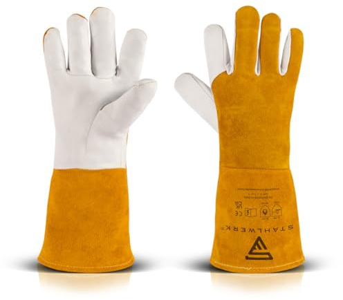 STAHLWERK Juego de 2 guantes de soldadura, guantes de trabajo, piel auténtica, resistentes al calor y al fuego, color blanco y amarillo, adecuados para TIG TIG MIG MAG MMA Plasma
