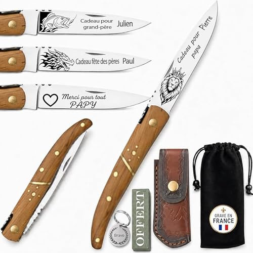 Couteau Personnalisé Laguiole avec Pierre à Aiguiser, Couteau Gravé Multi-Motifs en Bois, Cadeau pour Anniversaire, Fête des Pères et Retraite (Bois de teck)