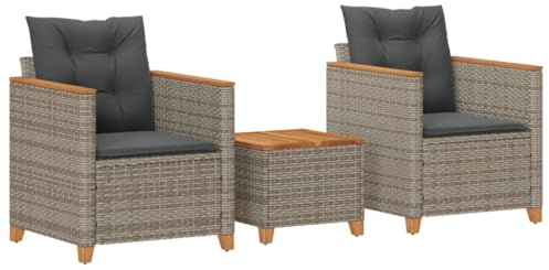 Qnhdfrt 3-TLG. Bistro-Set Gartenmöbel Sitzgruppe aus Poly Rattan und Akazienholz, Grau, mit 2 Sesseln und Tisch, Balkonmöbel Set für Garten Terrasse und Hinterhof