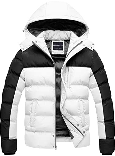 CREATMO US Herren-Puffer-Jacke, wasserdichter, warmer Parka für Winter, dicker Skimantel, Schwarz und Weiß, XL