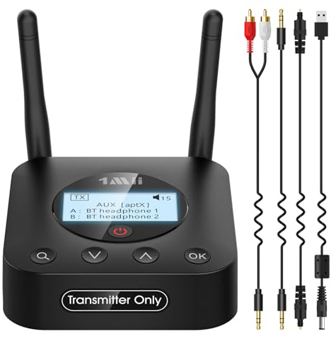 1Mii B06TX+ Bluetooth 5.3 Transmitter für TV mit Display, Dual Link | Für 2 Kopfhörer gleichzeitig, aptX Adaptive/HD/LL, Optisch, Koaxial, AUX und RCA, bis zu 60 m Reichweite