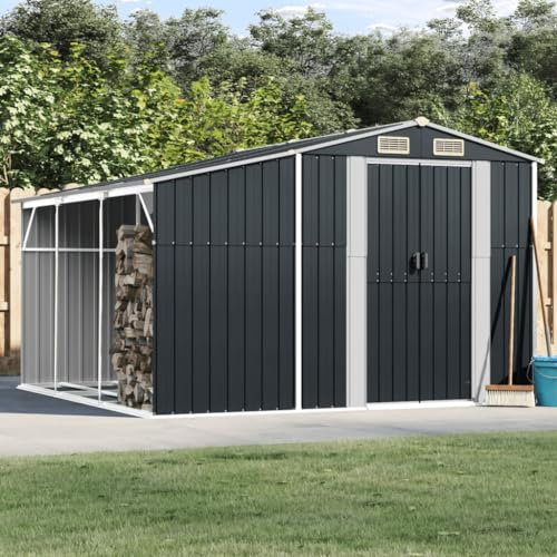 Homgoday Gerätehaus mit Stauraum Geräteschuppen Metallhaus Garten Schuppen Gartenhaus Metallschuppen Gartenschrank mit Satteldach und Lüftungsgittern Anthrazit 277x279x179 cm