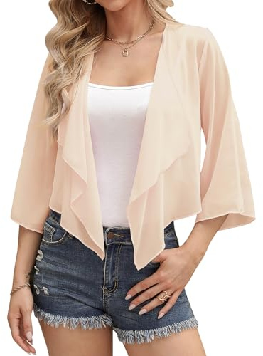 Aottori Bolero Mujer Verano Gasa Chaqueta Manga 3/4 Fiesta Toreras Elegante Corta Shrug Casual Ligero Chiffon Tops Albaricoque L