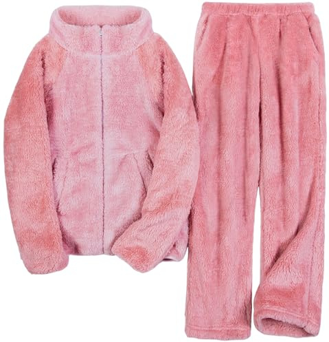Tuopuda Pigiama Donna Lungo Invernale, Tuta Completa in Felpa Pile, Pullover e Pantaloni, Maglione Top Elegante Set Homewear Regalo, Rosa, L