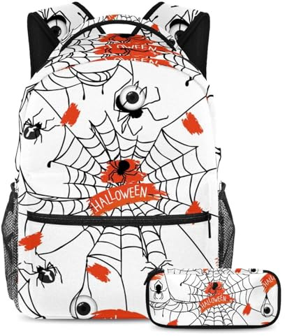 VAPOKF Ensemble de sac d'école Halloween avec toile d'araignée et globe oculaire pour adolescentes, filles, garçons, enfants, sac à dos avec trousse à crayons pour école primaire, secondaire et lycée,