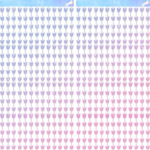 BRAVESHINE 2PCS Butterfly Themed Party Backdrop Streamers Iridescent Lilac Foil Fringe Curtains - 3.3x6.5ft Butterfly Photo Backdrop Wall Door Streamers for Butterfly Fairy Princess Party Supplies