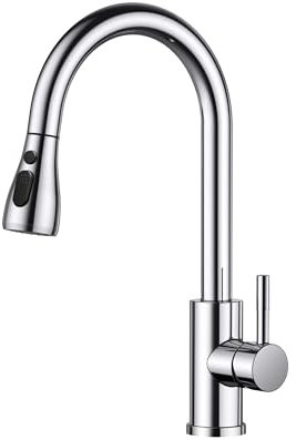 FORIOUS Kitchen Tap, Kitchen Mixer Taps with Pull Out Sprayer, Swivel Single Handle High Arc Pull Down Stainless Steel Sink Faucet, Polished Chrome