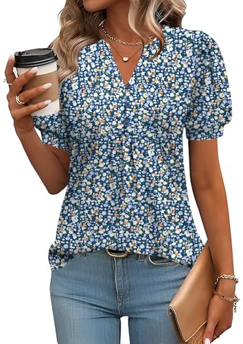 Rapbin Blus, dam, V-ringning, knappslå t-shirt, tunika, kortärmad topp, sommartoppar, elegant, avslappnad, Blå vita blommor, S