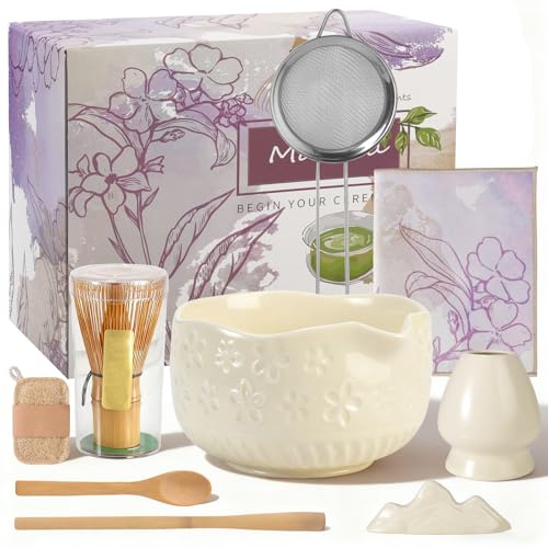 Lot de 9 pièces à thé matcha avec whisky et bol - Beige - Kit de démarrage - Bol à matcha en céramique avec bec et loofah (blanc)