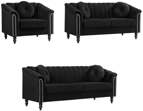 Velvet Chesterfield Sofa Set with 5 Pillows and Rolled Arm Chesterfield Loveseat with Curved Backrest Solid Wood Legs Nailhead Trim Armchair for Bedroom, Hall Couch and Accent Chair(3PCS Sofa Set)