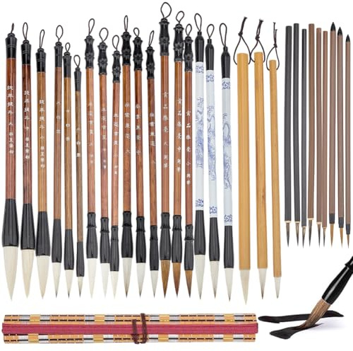 DELORIGIN 30 Pcs Chinese Calligraphy Brush Set Writing Painting Watercolor Ink Brushes with Roll up Bamboo Brush Holder Japanese Sumi Painting Brush Pens for Kanji Calligraphy Lover Gift Beginner