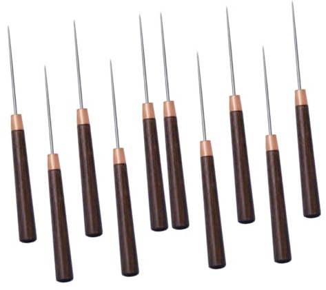 DIYEAH Set 10 Pezzi Punteruoli Manico in Legno Rosso, Strumenti da Cucito e Riparazione Scarpe per Lavori di Pelle, Aghi Resistenti e Precisi Adatti per Artigiani e Principianti
