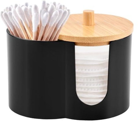 YOSINXU Dual-Compartment Cotton Swab & Pad Organizer with Removable Dustproof Lid, Bathroom Accessories Storage Organizer for Swabs, Cotton-Pads(COLOR:black)