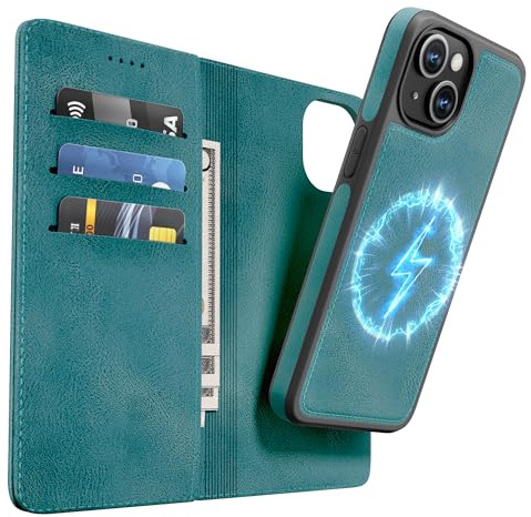 OASISBLUE Handyhülle für iPhone 14 Hülle, [2-in-1 Magnetisch Abnehmbar] Kabelloses Laden Kompatibel Stoßfest Schutzhülle PU Leder Klapphülle - blaugrün
