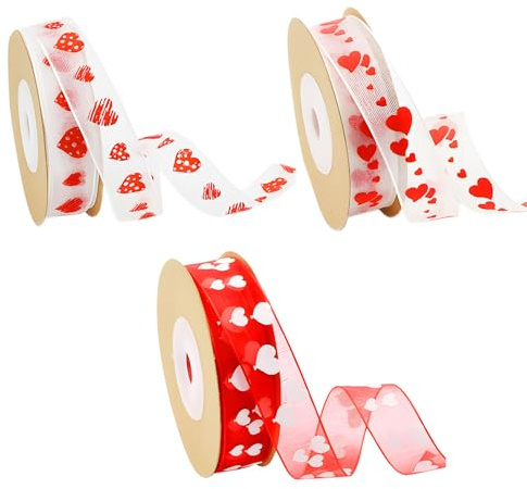 Valentines Day Decorations - 3 Rolls Valentines Ribbons for Gift Wrapping, 49 Feet Red Love Hearts Printed Ribbons, Valentine's Day Organza Ribbon for Engagement Wedding Gifts Wrapping Decorations
