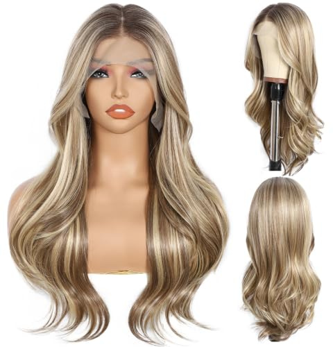 Sapphirewigs Blonde Perücke Lace Front 13x4 Synthetische Perücken Große Wellen Mix Braun Lace Front Haare Vorgezupft Tägliche Wear Party Date Weihnachten 22 inch