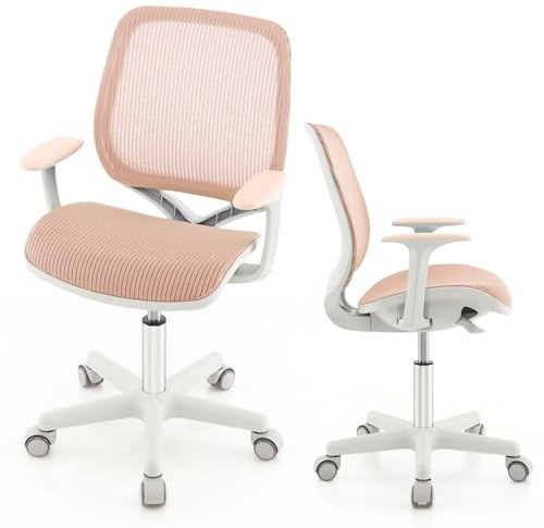 FANTASK Skrivstol för barn, ergonomisk barnsnurrstol med ryggstöd och armstöd, sitthöjd 43–55 cm justerbar höjd, kontorsstol med hjul, snurrstol för barn från 6 år (rosa)