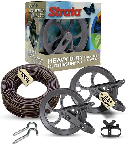 Strata Urban Grey Harmony Clothesline Outdoor Heavy Duty Kit - 150 Feet Galvanized Wire Mocha PVC Coating, 6.5 Clothesline Pulley 2pcs, Metal Mini Winch Tightener 1pc & 2 Metal Hooks | Rustproof PVC-Coated Galvanized steel cable, 2 Smooth-Gliding Clothes Line Pulleys, Winch & Hooks