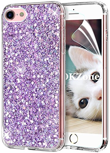 iPhone 8 fodral, iPhone 7 fodral, OKZone tunt fodral mjukt silikon paljett strass glänsande glitter glitter, TPU skyddsfodral för Apple iPhone 7/iPhone 8 4,7 tum (lila)