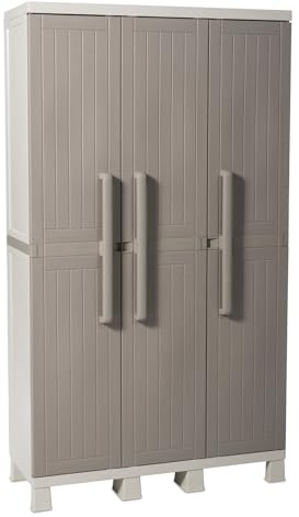 Toomax Armadio Wood Midi a 3 ante con 4 ripiani regolabili, 97x37x173h cm in plastica resistente effetto legno grigio tortora/grigio chiaro, con piedini e predisposizione per lucchetto, per garage