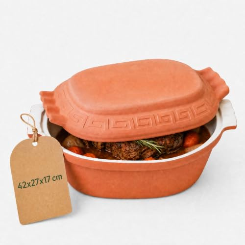 TerraStone Bräter oval mit Deckel, 42x27x17 cm, Terrakotta | Natürlicher Tonbräter für saftige Schmorgerichte, Brotbacktopf & Hähnchenbräter – inkl. Anleitung und Rezepten
