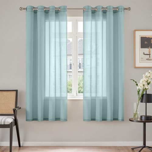 TOPICK Gardinenschals Leinenoptik mit Ösen 2er Set Hellblau H160xB140 | Transparent Voile Vorhang Wohnzimmer Ösenschals Schlafzimmer curtains living room übergardinen ösenvorhang fenstergardinen